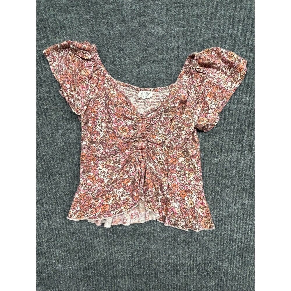 JAPNA Women's Floral Crop Top Smocked Ruched Flutter Sleeve Size S 100% Cotton